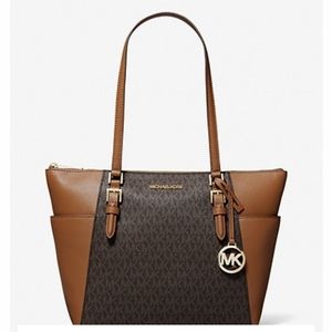 Authentic MICHAEL KORS Charlotte Large Logo and Leather Top-Zip Tote Bag